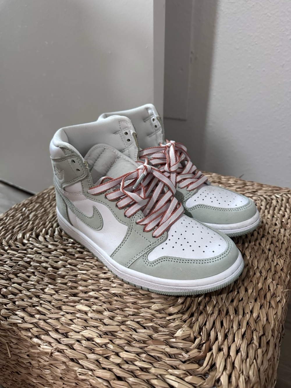 Nike Women’s High-Top Sneakers in White and Sage with Pink Accent Laces